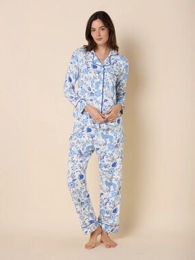 The Cat's Womens Palmera Pima Knit Pajama Set M Pants + Top White Blue Whimsical